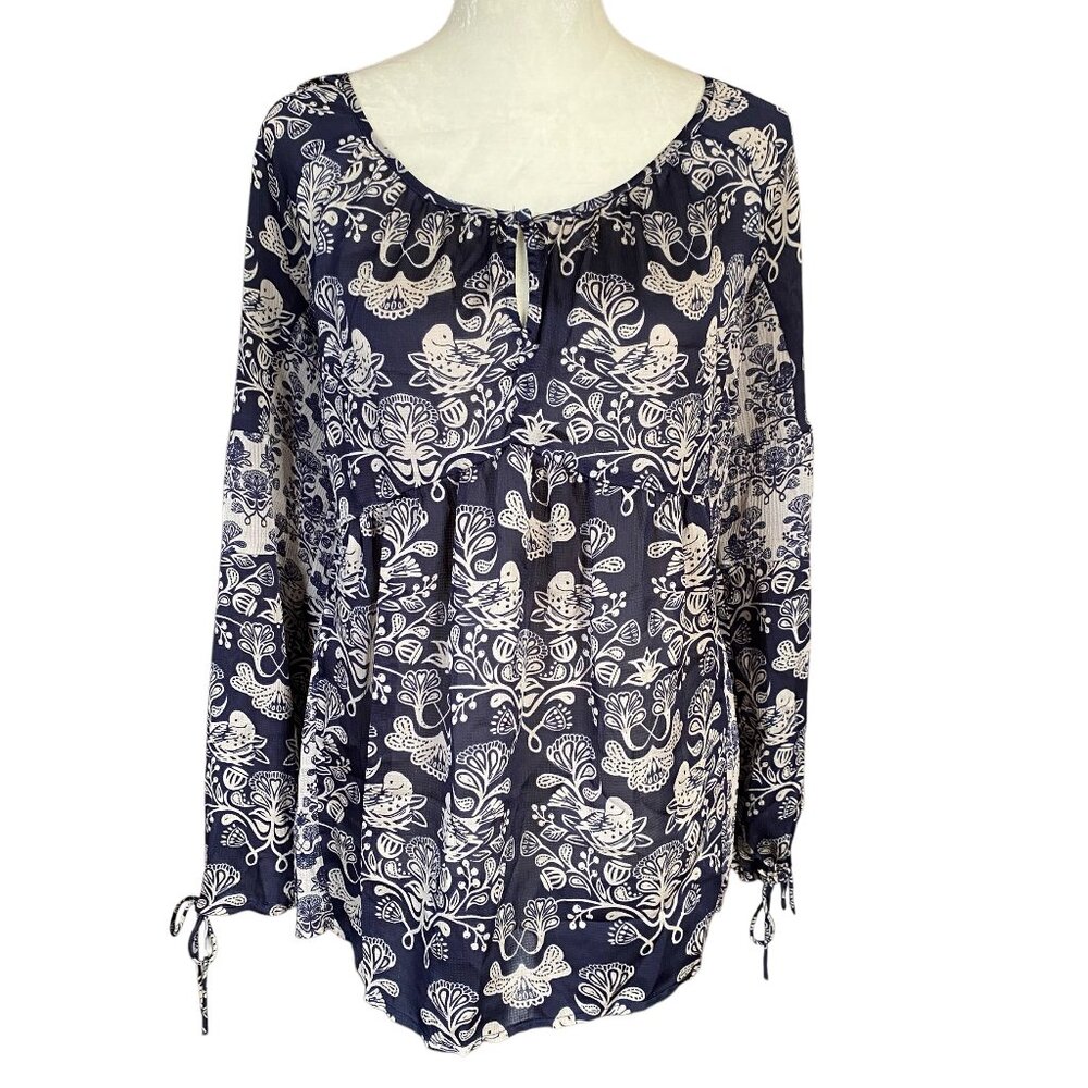 Princess Vera Wang women's size large blue and tan long sleeve flowy blouse